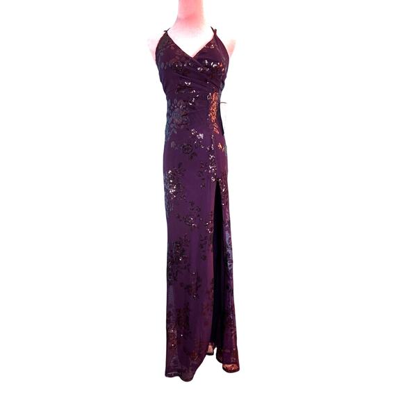 NWT Speechless Formal Prom Dress Sequin Floral Eggplant Purple Lined CrossBack 0 - Picture 1 of 13